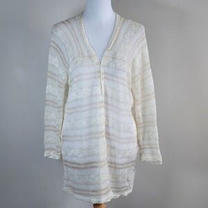 Solitaire Open Front Cardigan Womens Large White Gold Metallic Knit Shimmer Boho